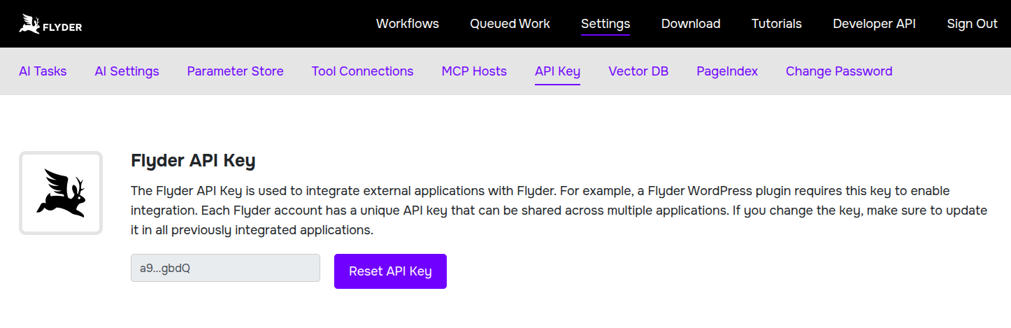 Flyder Harness API Key settings page